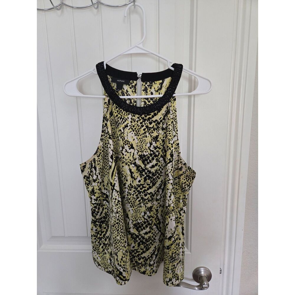 Alfani Women’s Size 14 Yellow Black Snake Print Sleeveless Blouse Beaded Neck